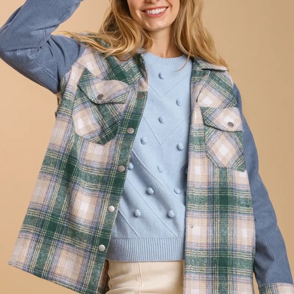 New UMGEE Plaid Flannel Fringe Shacket Magenta Green Snap Up Corduroy Sleeves - Picture 3 of 10
